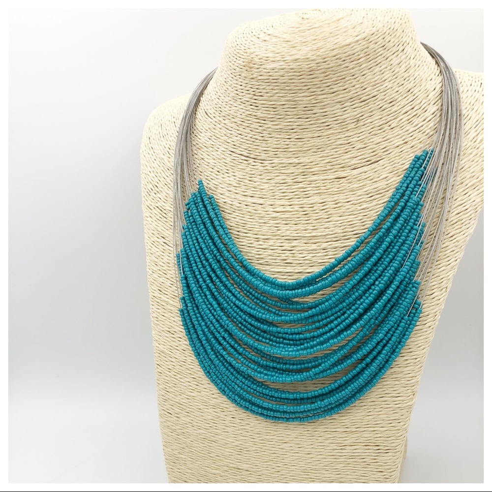 TURQUOISE SEED BEED LAYERED STATEMENT NECKLACE SET